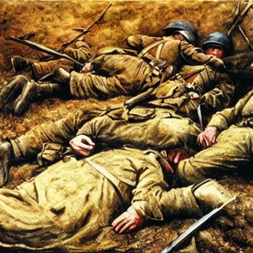 Image similar to Battle of the Somme but the soldiers are sleeping on the ground painting 1916