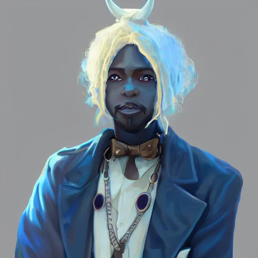 Image similar to african american man with blue eyes, blonde hair, blue horns, wearing steampunk attire, highly detailed, digital painting, artstation, matte, by makoto shinkai, animation style