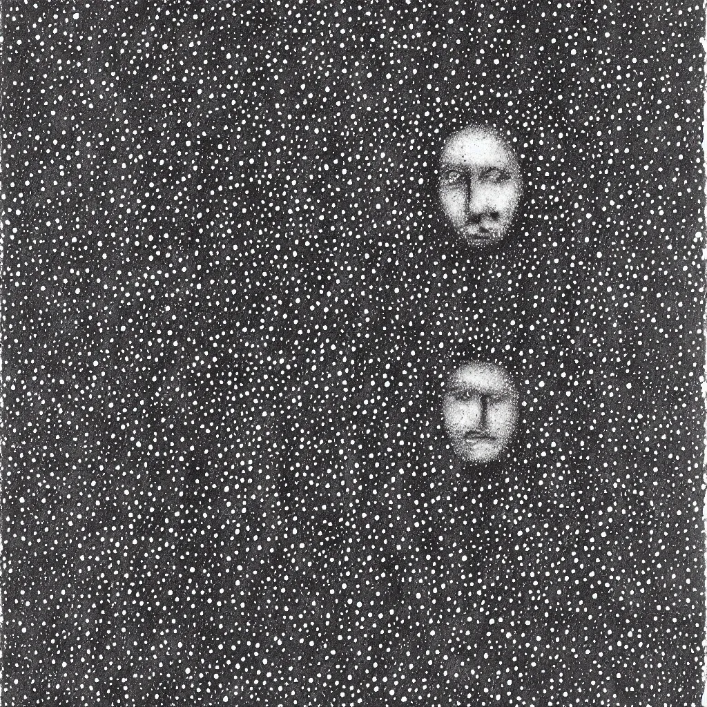 Image similar to face made out of planet, faceless people dark, dots, drip, stipple, pointillism, technical, abstract, minimal, style of francis bacon, asymmetry, pulled apart, cloak, hooded figure