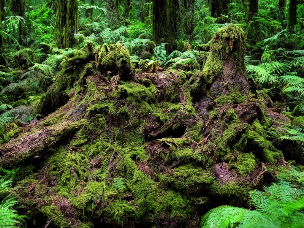 Image similar to a fantasy beautiful nurse log in a dense biorelevant rainforest setting, glowing animals surround it with pixie dust ether floating in the air