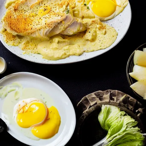 Image similar to aji de gallina, garnished with half eggs, served over boiled sliced potatoes on top of a bed of lettuce, michelin star restaurant, award winning photo, food photography, 4 k