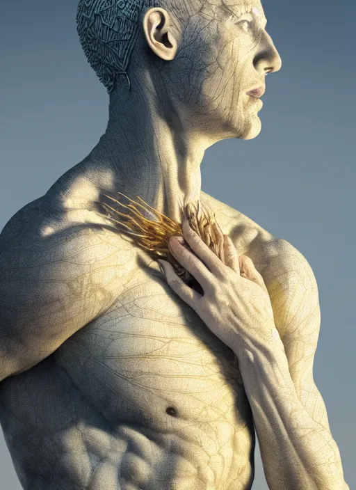 Image similar to a statue made of white marble with gold veins, of corn man, full body shot, perfect symmetrical body, perfect symmetrical face, hyper realistic, hyper detailed, by johannen voss, by peter kemp, by monia merlo, by michelangelo, by ernst haeckel, by alex grey, octane render, blender, 8 k