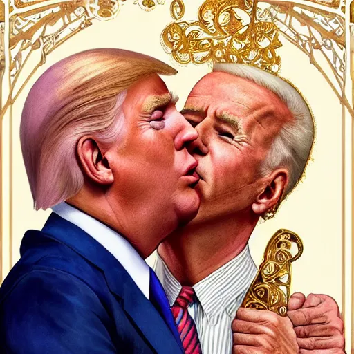 Image similar to donald trump gay kissing joe biden | highly detailed | very intricate | art nouveau | gold filigree | romantic storybook fantasy | soft cinematic lighting | award - winning | disney watercolor illustration by mandy jurgens and alphonse mucha and alena aenami | pastel color palette | featured on artstation