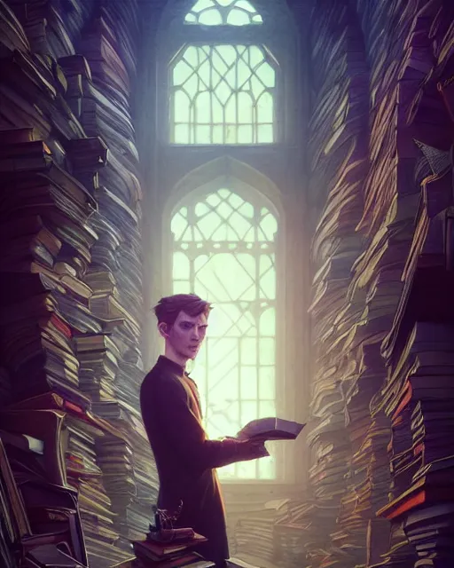 Prompt: highly detailed surreal vfx portrait of a villain in a castle of books, stephen bliss, unreal engine, greg rutkowski, loish, rhads, beeple, makoto shinkai and lois van baarle, ilya kuvshinov, rossdraws, tom bagshaw, alphonse mucha, global illumination, detailed and intricate environment