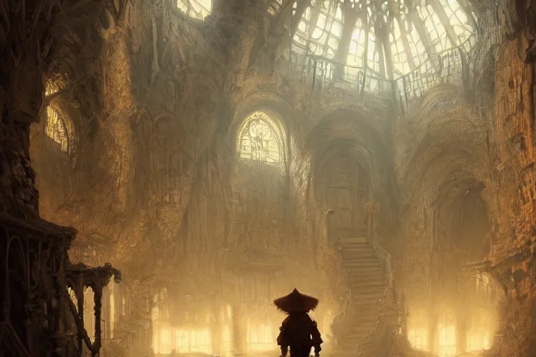 Prompt: Beautiful hyperrealistic detailed matte portrait painting of a wizard walking through a dungeon, looks like it's from labyrinth, dark crystal and bazaar by greg rutkowski, andreas rocha and john howe, and Martin Johnson Heade,featured on artstation, ultrawide angle,f16 , golden ratio, f32, well composed, cohesive