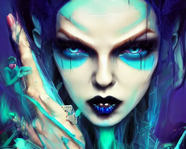 Image similar to funny blue and green eyes goth dark queen of the vampire council, intricate abstract. intricate artwork, by tooth wu, wlop, beeple, dan mumford. concept art, octane render, trending on artstation, greg rutkowski very coherent symmetrical artwork. cinematic, key art, hyper realism, high detail, octane render, 8 k, iridescent accents