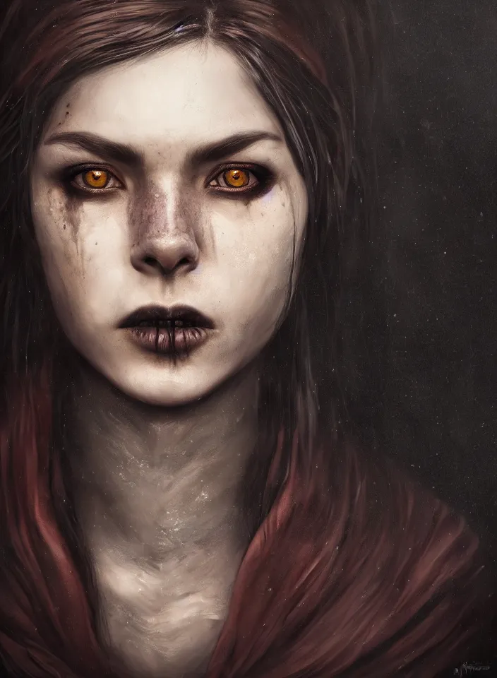 Prompt: a face portrait of a young female vampire from skyrim, fantasy setting, beautiful face, dark colors, scary lighting, atmospheric, cinematic, moody, in the style of diego koi, gina heyer, luiz escanuela, art by alyssa monk, hyperrealism, rule of thirds, golden ratio, oil on canvas, 8 k