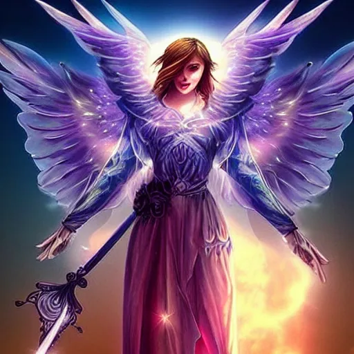 Image similar to « beautiful, divin archangel, with a sword, beautiful wings, glowing lights, detailed »