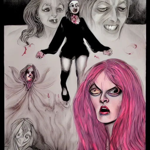 Prompt: a satanic screaming woman with bloody eyes by martine johanna and glen keane, macabre