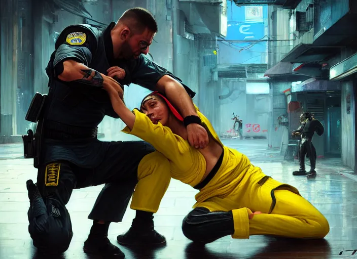 Image similar to jujitsu Maria defeats sgt Nash. Cyberpunk hacker wearing yellow fighting menacing police troopers (blade runner 2049, cyberpunk 2077). armbar. Orientalist portrait by john william waterhouse and James Gurney and Theodore Ralli and Nasreddine Dinet, oil on canvas. Cinematic, hyper realism, realistic proportions, dramatic lighting, high detail 4k