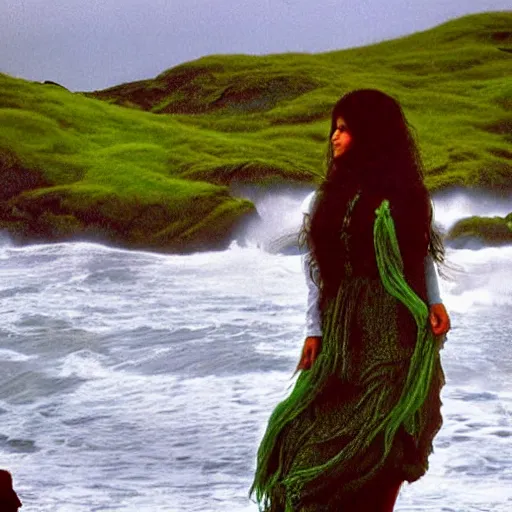 Image similar to 1 9 7 0's artistic spaghetti western movie in color, a woman in a giant billowy wide flowing waving dress made out of sea foam, standing inside a green mossy irish rocky scenic landscape, crashing waves and sea foam, volumetric lighting, backlit, moody, atmospheric