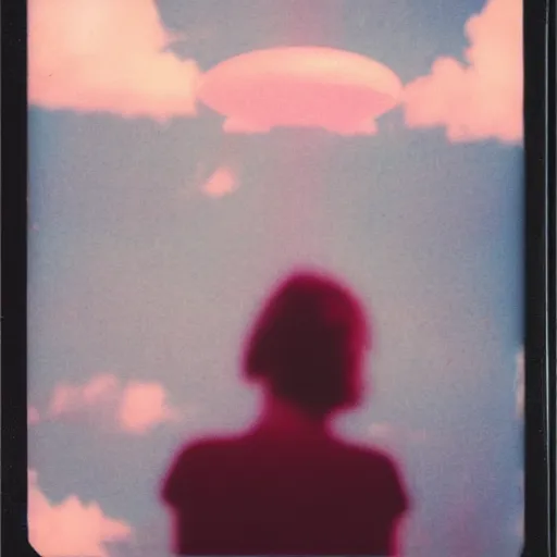 Prompt: vintage polaroid of a beautiful woman spotting a ufo, detailed clouds, warm azure tones, red color bleed, film grain