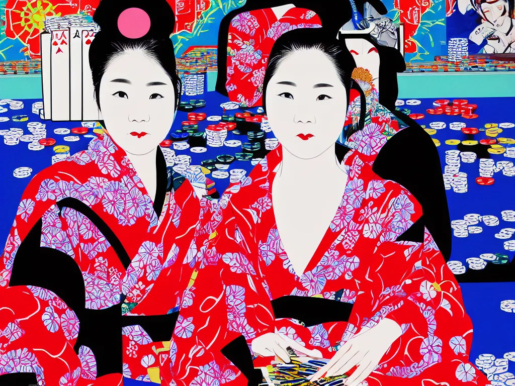 Image similar to hyperrealistim composition of the detailed single woman in a japanese kimono sitting at a extremely detailed poker table with hyperdetailed darth vader, fireworks, mountain fuji on the background, pop - art style, jacky tsai style, andy warhol style, acrylic on canvas