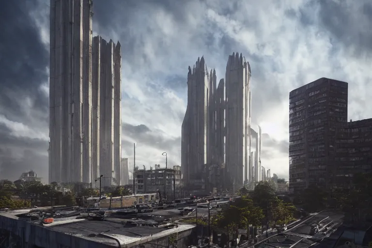 Image similar to streetscape, a towering cathedral of brutalist architecture, buildings covered with greebles, stunning volumetric light, sunset, metal, concrete and translucent material, stunning skies, majestic landscape, trending on Artstation, 8k, photorealistic, hyper detailed, unreal engine 5, IMAX quality, cinematic, epic lighting, in the style of Greg Rutkowski