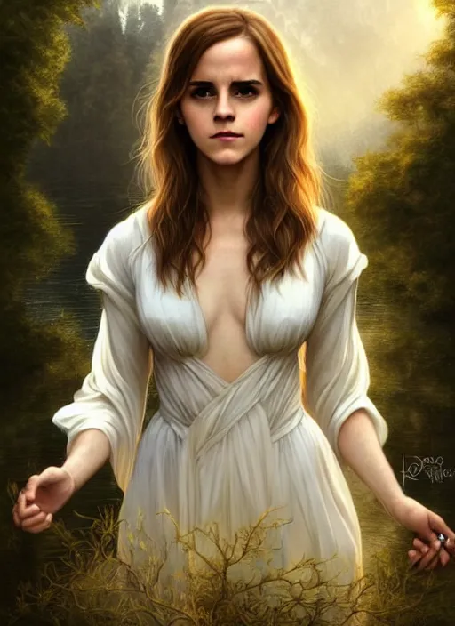 Image similar to emma watson as magic healer goddess, long hair, white and gold cloth, lake in the forest, D&D, shiny background, intricate, elegant, highly detailed, digital painting, artstation, concept art, smooth, sharp focus, illustration, artgerm, bouguereau