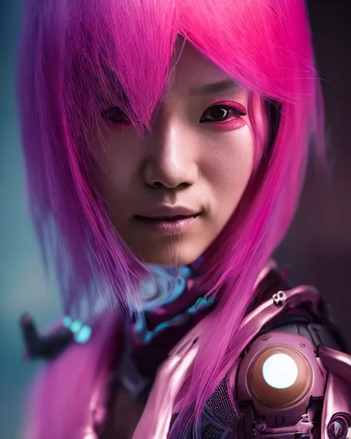 Image similar to portrait of a beautiful asian woman with pink hair as a cyberpunk cyborg half robot, sci - fi, missing panels, intricate abstract upper body intricate artwork, concept art, octane render, deviantart, cinematic, key art, hyperrealism, iridescent accents, portrait photograph, nikon 3 5 mm, photograph by greg rutkowski