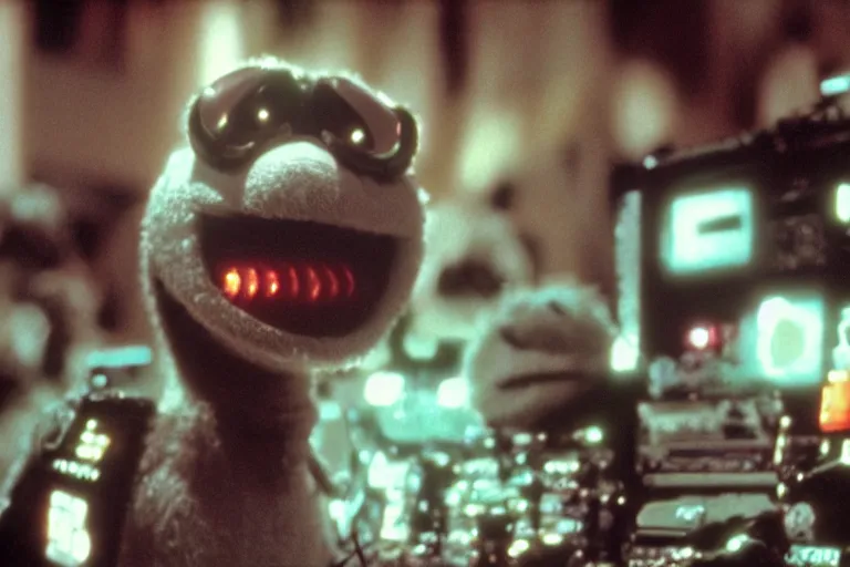 Image similar to muppet cyborg - pitbull, surrounded by screens, in 1 9 7 6, y 2 k cybercore, industrial low - light photography, still from a ridley scott movie