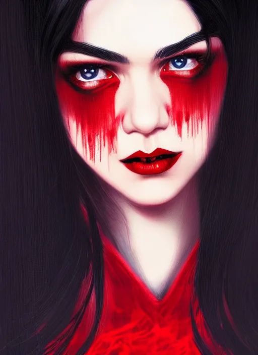 Image similar to portrait of vampire veronica lodge with bangs, vampire fangs, vampire, long hair, red clothes, bangs, vampironica, intricate, elegant, glowing lights, highly detailed, digital painting, artstation, concept art, smooth, sharp focus, illustration, art by wlop, mars ravelo and greg rutkowski