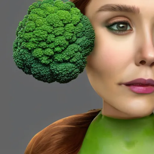 Image similar to anthropomorphic broccoli with [ an elizabeth olsen face ]!!, trending on artstation, 4 k quality, intricate