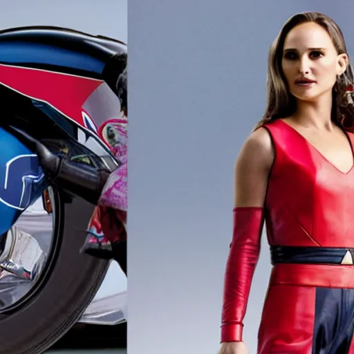 Prompt: photo of Natalie Portman as one of the characters in F-Zero, standing next to a racing machine, advertising photography