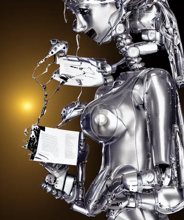 Prompt: a liquid metal robot is holding a fashion magazine and the magazine shows victoria's secret model and robot's head is partially moprhed into the model, realistic, 4 k