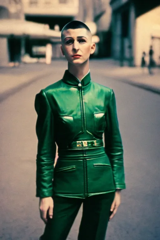 Prompt: ektachrome, 3 5 mm, highly detailed : incredibly realistic, demure, perfect features, buzz cut, beautiful three point perspective extreme closeup 3 / 4 portrait photo in style of chiaroscuro style 1 9 7 0 s frontiers in flight suit cosplay paris seinen manga street photography vogue fashion edition
