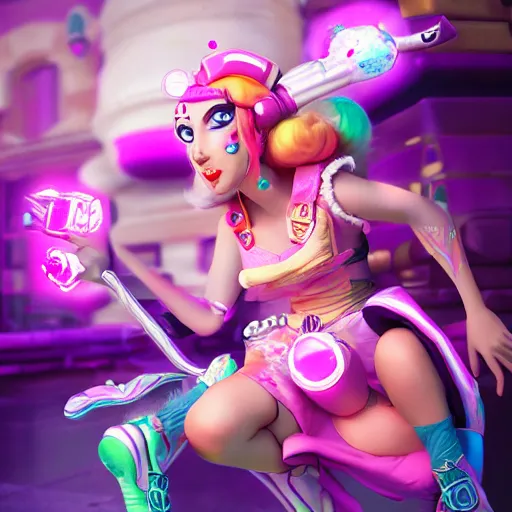 Prompt: Princess peach mixed with jinx from league of legends, dancing, background jet ground radio, fullshot, raytrayced, octane render, epic composition, intricate details, hyperrealist, dark neon punk, by Alessandro Barbucci, Barbara Canepa