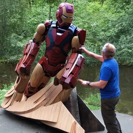 Prompt: photo of beavers making a large wooden sculpture of ironman,