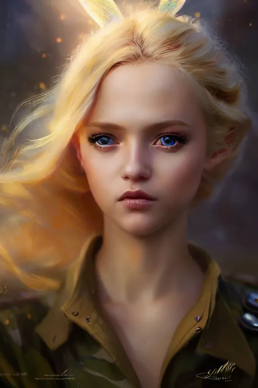 Image similar to cinematic shot of an epic portrait of a cute blonde fairy dressed in military clothes, stylised military clothes, shiny skin, beautiful eyes, beautiful, small details, night setting, realistic poster with volumetric light from craig mallism, artgerm, jeremy lipkin and michael garmash, unreal engine, radiant light, digital art, trends at art station, a masterpiece