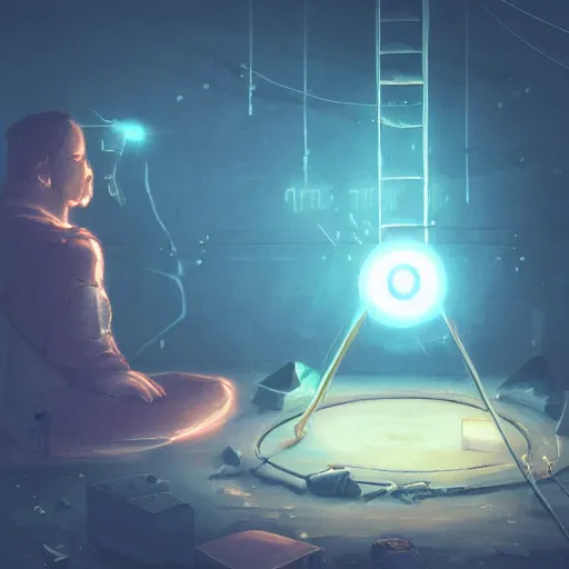 Image similar to a cyberpunk explorer meditating next to a floating triangular glowing monolith with one eye, highly detailed, midnight, by ghostshrimp