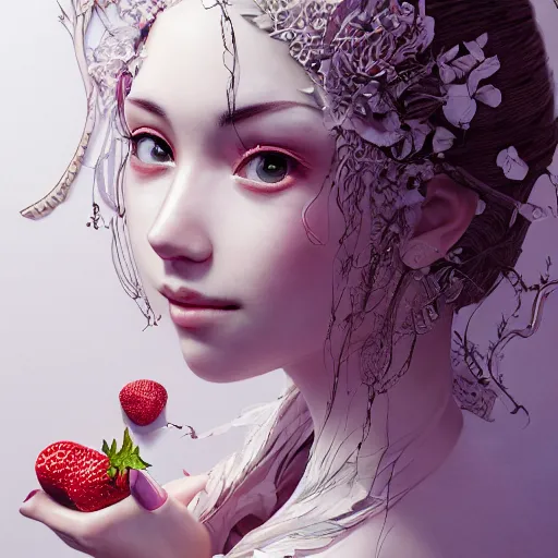 Image similar to the portrait of an absurdly beautiful, graceful, elegant, sophisticated, fashionable realistic anime woman made of strawberries and white petals with tears, an ultrafine hyperdetailed illustration by kim jung gi, irakli nadar, intricate linework, bright colors, octopath traveler, final fantasy, unreal engine 5 highly rendered, global illumination, radiant light, detailed and intricate environment