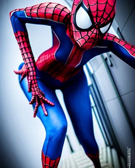 Prompt: full-body portrait Anime spiderman cosplay girl cute-fine-face, pretty face, realistic shaded Perfect face, fine details. Anime. realistic shaded lighting by katsuhiro otomo ghost-in-the-shell, magali villeneuve, artgerm, rutkowski Jeremy Lipkin and Giuseppe Dangelico Pino and Michael Garmash and Rob Rey