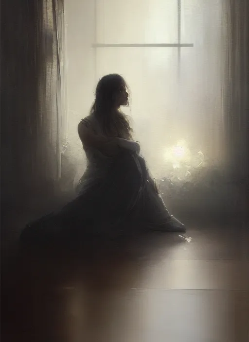 Image similar to a portrait of beautiful woman sitting in the floor, inside a modern apartment, intricate oil painting, hyperdetailed, misty, ethereal, dramatic lighting, 8 k, by jeremy mann and ruan jia