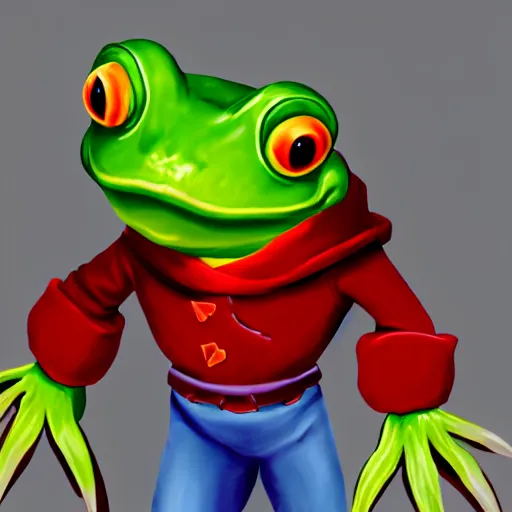 Prompt: character concep art of a humanoid frog butcher with a red coat as an enemy in spyro the dragon video game concept art, playstation 1 era, activision blizzard, 4 k resolution concept art