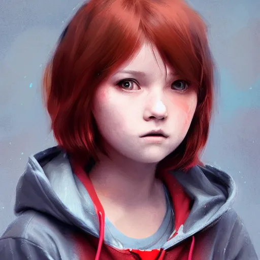 Image similar to a cute tiny girl with short red hair wearing a hoodie, digital art, very beautiful face, pretty face, very detailed eyes, full body illustration, 8 k resolution, soft painting, by greg rutkowski, wlop, rossdraws,