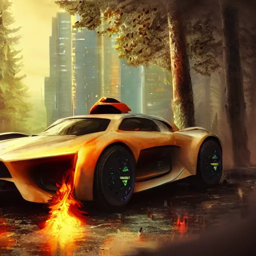 Image similar to cyberpunk car on fire in the middle of the woods, stylized, artgerm, artstation, hd, cgsociety, cgi, realistic, dramatic, cinematic, artistic, trending, detailed