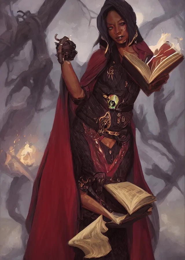Image similar to a female dnd wizard's portrait by brian patterson and rhads, black skin, african, ethiopian, red robes, necromancer, clear - eyed, elegant bones, skulls, papers and tomes