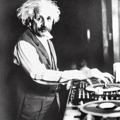 Image similar to photo of albert einstein as a dj behind the dj decks in the club