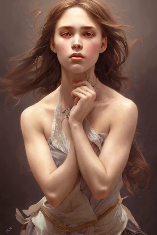 Image similar to photorealistic portrait of a young girl drinks monsyer energy, female, masculine, upper body, fantasy, fierce, sharp features, intricate, elegant, highly detailed, digital painting, artstation, concept art, matte, sharp focus, illustration, art by artgerm and greg rutkowski and alphonse mucha