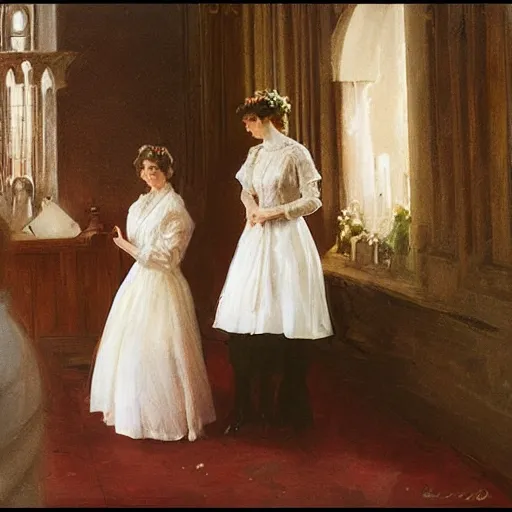 Prompt: two young edwardian women getting married in a church, in the style of Anders Zorn