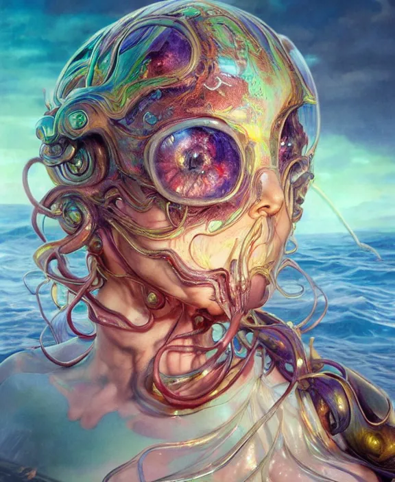 Image similar to ornate colorful transparent portrait of a terrifying beautiful alien sea creature, mottled coloring, adorable, childlike, horror environment, ultra realistic, concept art, art nouveau, photorealistic, octane render, 8 k, unreal engine. art by christopher marley and artgerm and greg rutkowski and alphonse mucha