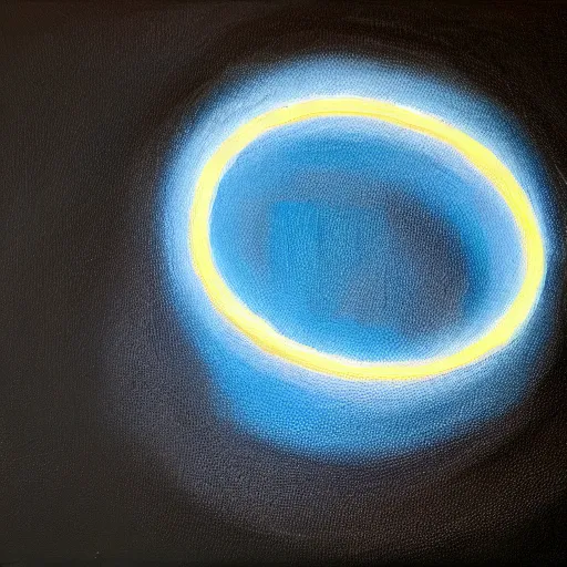 Prompt: a realistic oil painting of a glowing blue ring floating in a black sky