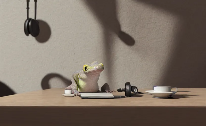 Image similar to a cute gecko with headphones in a cafe sitting in front of a table with a coffee, digital painting, masterpiece, digital art, concept art, octane render, unreal engine 5, trending on deviantart, highly detailed, high quality, 8 k, cartoon, high coherence, realistic, anatomically correct, five fingers, relaxing, realistic and detailed face, beautiful, elegant