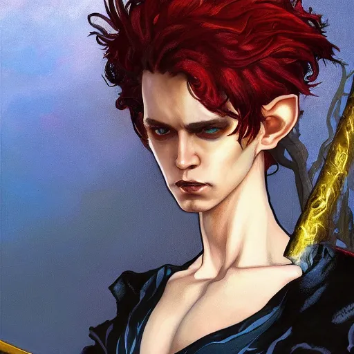 Image similar to dnd character portrait of a beautiful and androgynous half - elf with messy short red hair and catlike features and dark skin tone and yellow eyes with slit pupils, golden hour, wearing a colorful men's suit, realistic painting by tasha beckwith and ross tran and kehinde wiley and gerald brom and alphonse mucha, trending on artstation