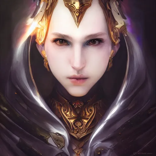 Image similar to fantasy paladin woman, symmetrical portrait, holy glow, by Yoshitaka Amano, Ruan Jia, Kentaro Miura, Artgerm, 8k