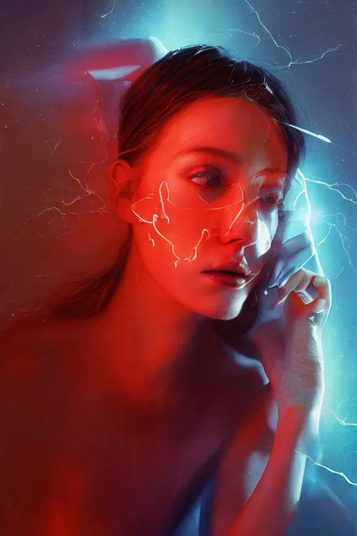 Image similar to 3 d, sci - fi, morning, sleepy fashion model face, sun rays, cinematic, lightning clouds, vogue cover style, stanley kubrick, light red and deep blue mood, realistic painting, intricate oil painting, high detail, figurative art, multiple exposure, poster art, 3 d, by tooth wu and wlop and beeple and greg rutkowski