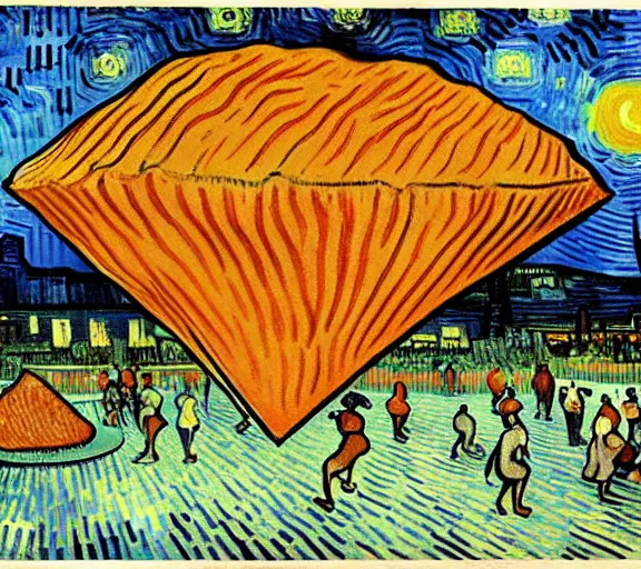 Image similar to a giant triangular dumpling with meat in the center eats people in the city of the future, people run and scream, by van gogh, realism, futurism