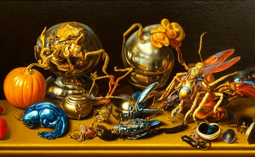 Image similar to disturbing colorful oil painting dutch golden age vanitas still life with bizarre objects strange gooey surfaces shiny metal bizarre insects rachel ruysch dali todd schorr very detailed perfect composition rule of thirds masterpiece canon 5 0 mm, cinematic lighting, photography, retro, film, kodachrome