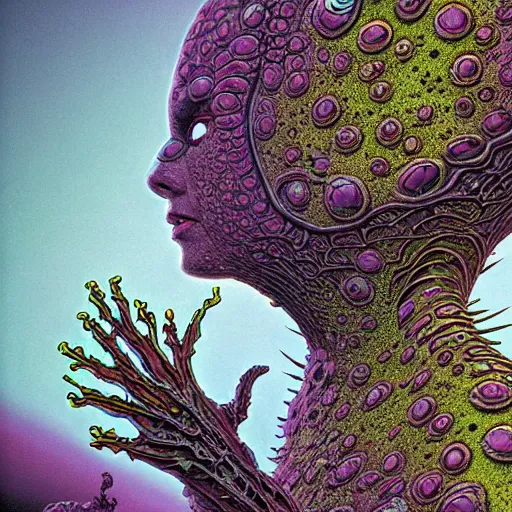 Prompt: sleek highly evolved biomechanical nubile phyrexian dreadnought pregnant borg queen hybrid dotted with small fractal lichens and fungal growth being possessed by the machine spirit, artists mœbius and doctor seuss with beryl cook and jack kirby, high contrast cinematic light, mystical shadows, sharp focus, octane render