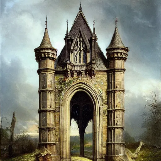 Image similar to Jean-Baptiste Monge and Alex Ross a artwork of a gothic revival castle gatehouse